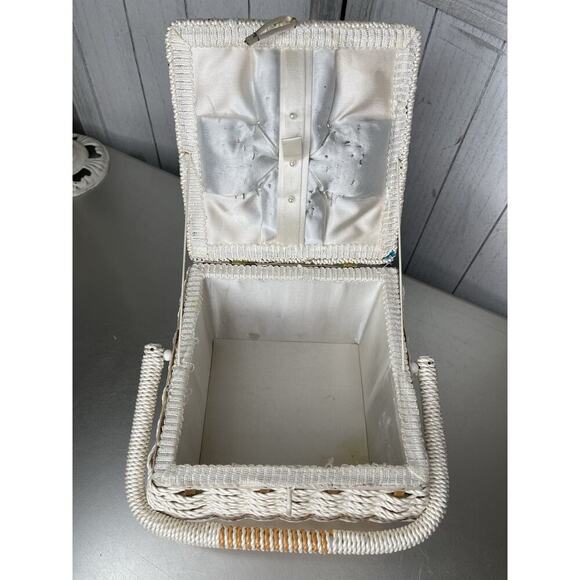 Vintage 70s Sewing Basket Retro Square Woven Blue Green Floral Psychedelic Japan - Picture 9 of 11